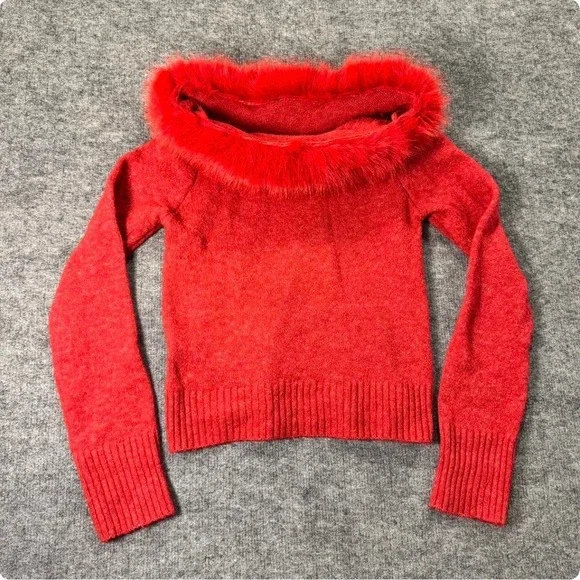 Red Knit Sweater Faux Fur Trim Collar Y2K Glam Winter Top Medium - Picture 5 of 8